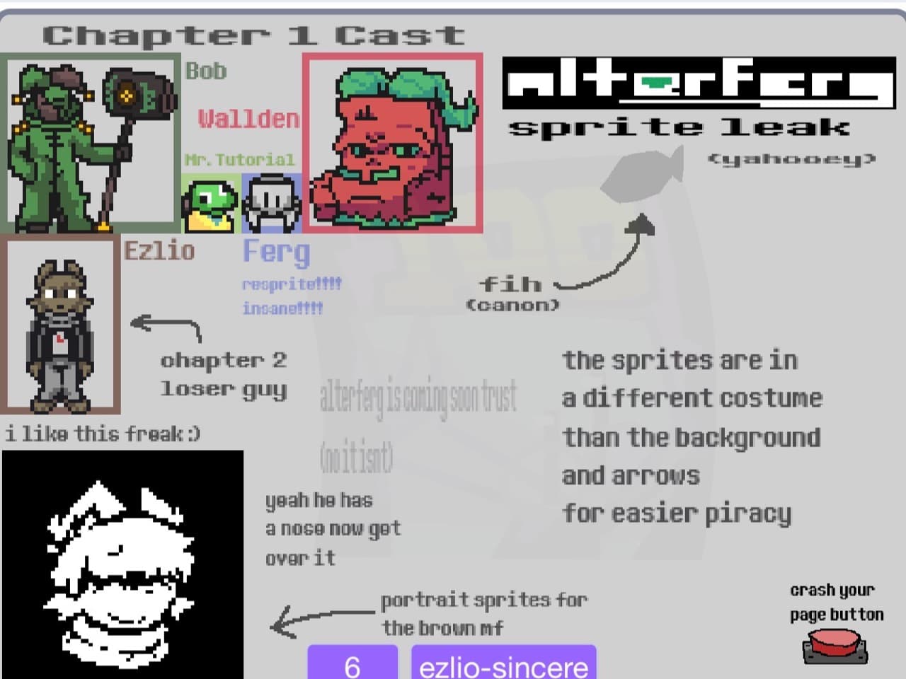 Chapter 1 cast sprite sheet featuring Bob, Wallden, Mr. Tutorial, Ferg, Ezlio, and Fih